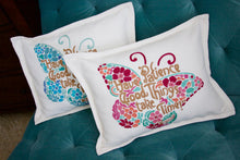 Load image into Gallery viewer, Patience Butterfly Love Letters Hand-Embroidered Pillow - Available in Pink or Blue Pillow catstudio