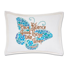 Load image into Gallery viewer, Patience Butterfly Love Letters Hand-Embroidered Pillow - Available in Pink or Blue Pillow catstudio Blue