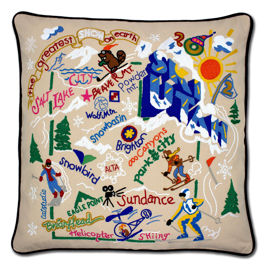 Ski Utah Hand-Embroidered Pillow Pillow catstudio 