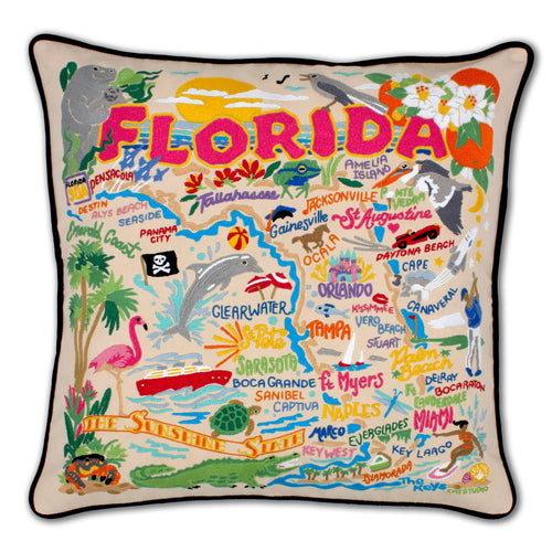 Florida Hand-Embroidered Pillow Pillow catstudio Black