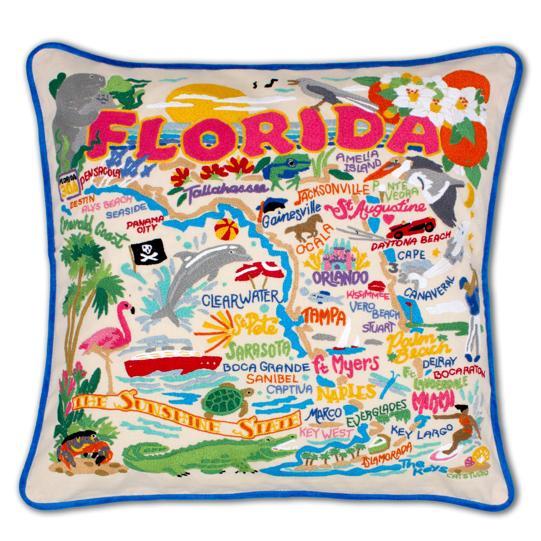Florida Hand-Embroidered Pillow Pillow catstudio Turquoise