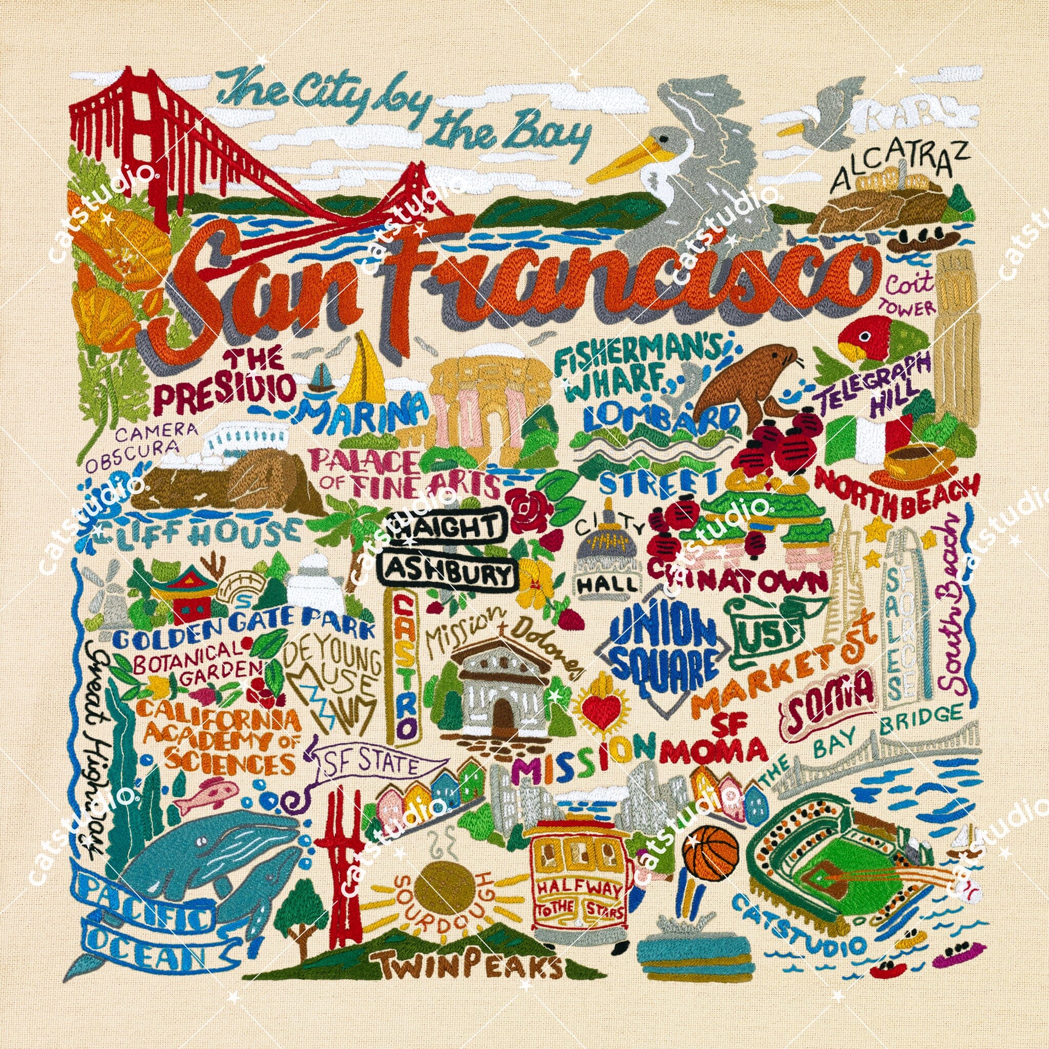 San Francisco City Hand-Embroidered Pillow | California Collection