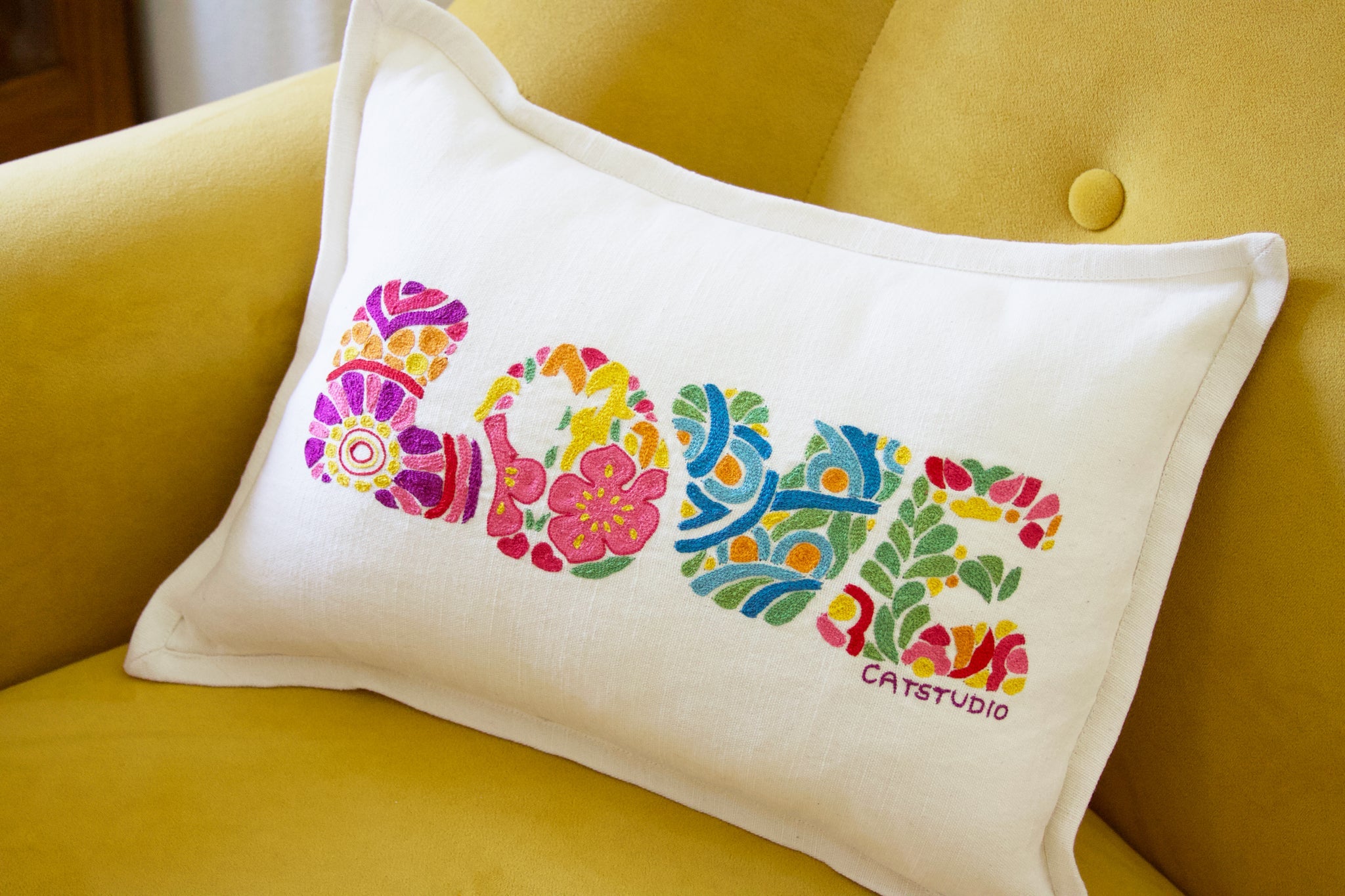 Flower Power Love Hand-Embroidered Pillow | Love Letters Collection by  catstudio – catstudio, image size:2048x1365