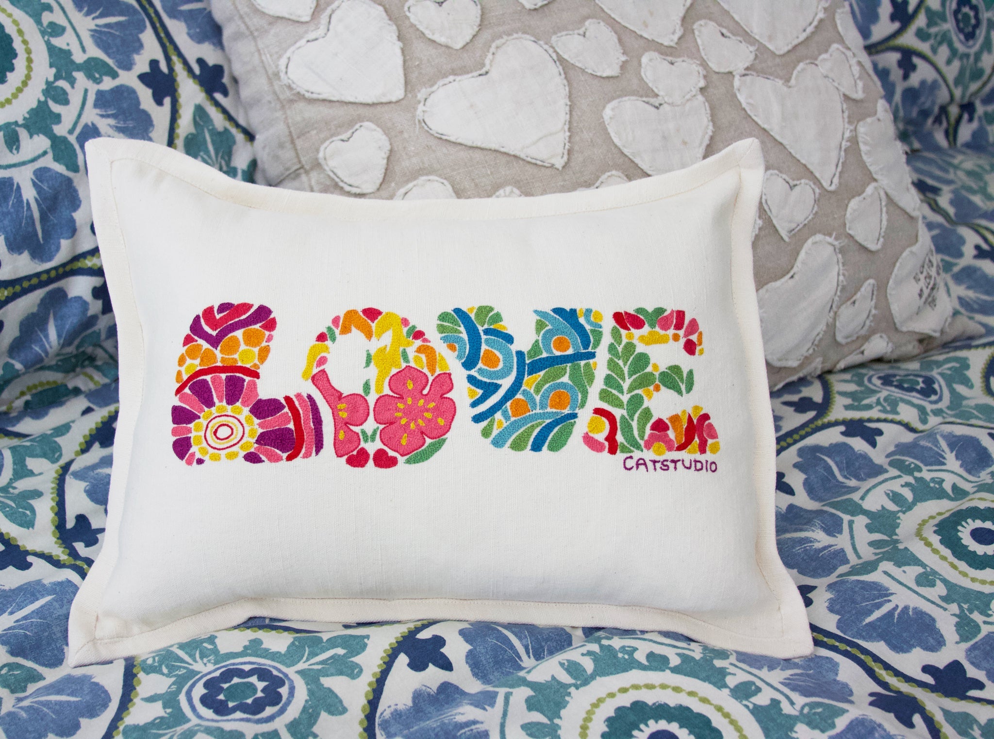 Flower Power Love Hand-Embroidered Pillow | Love Letters Collection by  catstudio – catstudio, image size:2048x1522