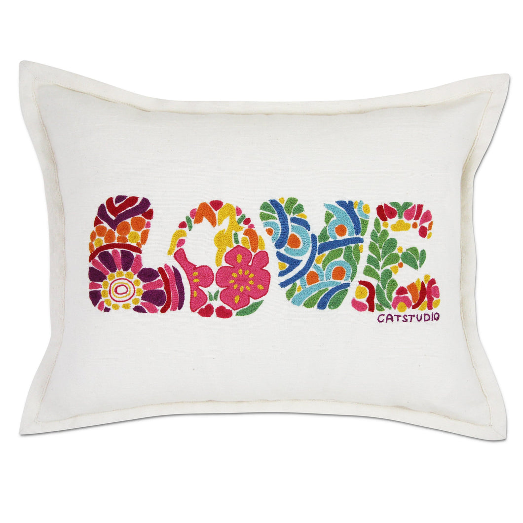 Flower Power Love Letters Hand-Embroidered Pillow Pillow catstudio Bright 