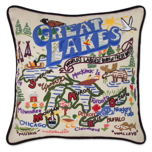Great Lakes Hand-Embroidered Pillow - catstudio