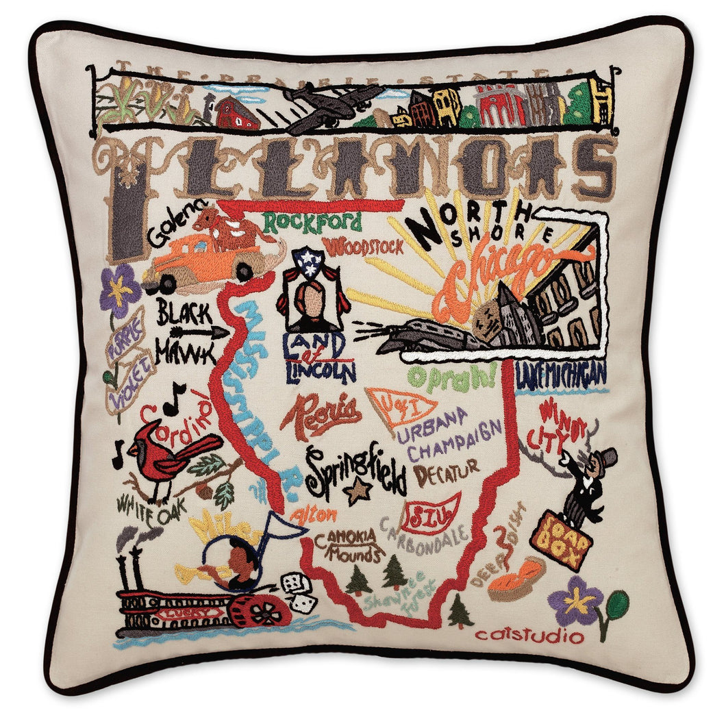 Illinois Hand-Embroidered Pillow - catstudio