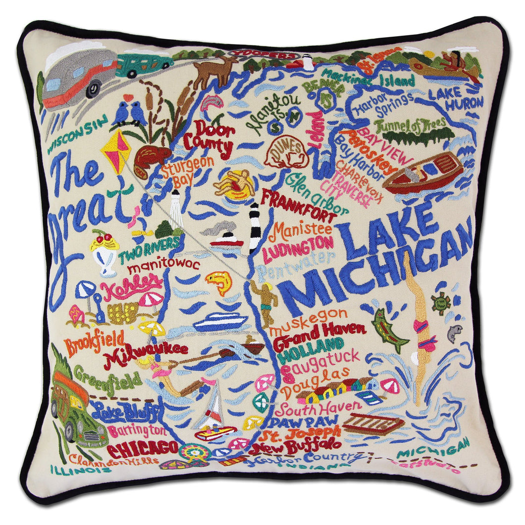 Lake Michigan Hand-Embroidered Pillow - catstudio