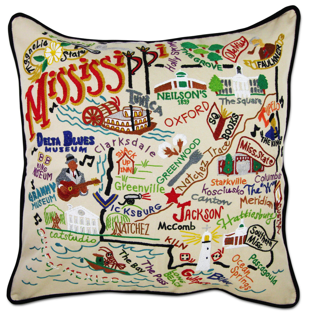 Mississippi Hand-Embroidered Pillow Pillow catstudio 
