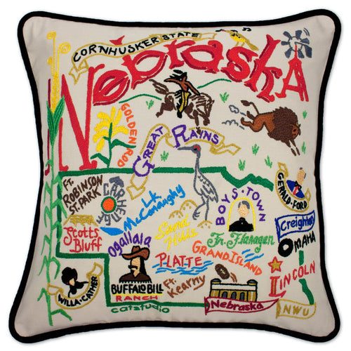 Nebraska Hand-Embroidered Pillow - catstudio