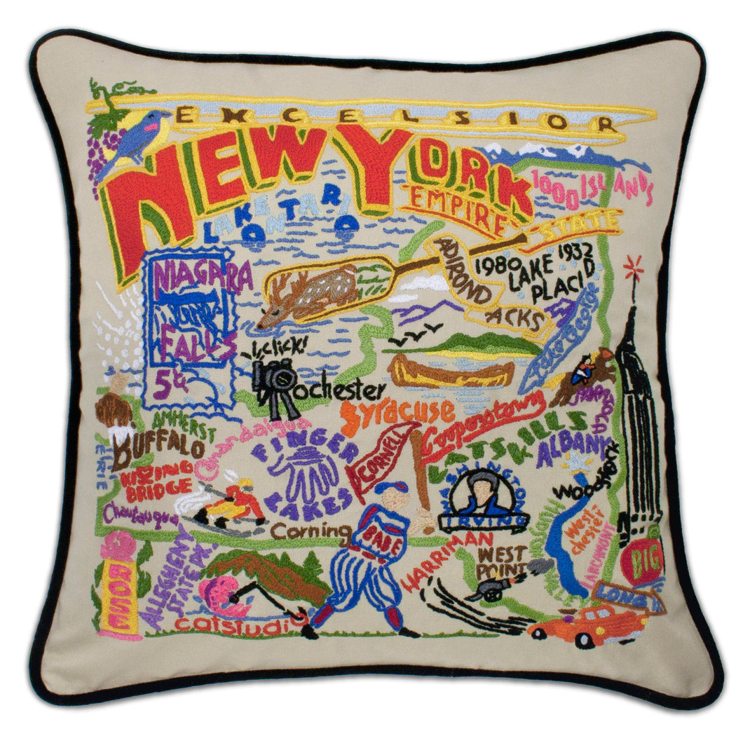 New York State XL Hand-Embroidered Pillow - catstudio