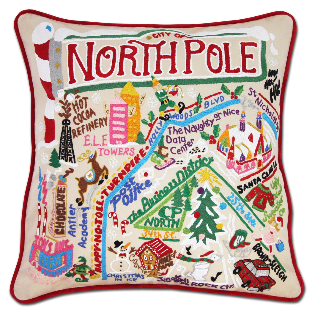 North Pole City Hand-Embroidered Pillow - catstudio