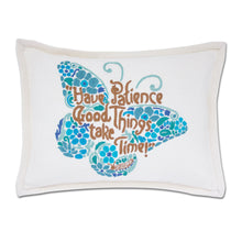 Load image into Gallery viewer, Patience Butterfly Love Letters Hand-Embroidered Pillow - Available in Pink or Blue Pillow catstudio Blue 
