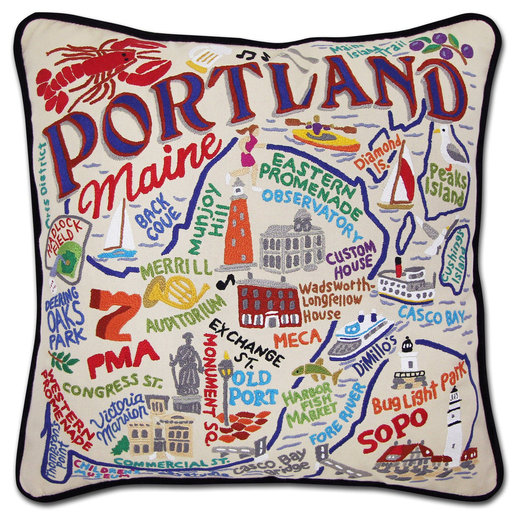 Portland, ME Hand-Embroidered Pillow - catstudio 