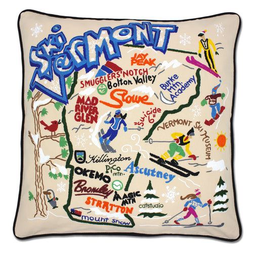 Ski Vermont Hand-Embroidered Pillow Pillow catstudio 