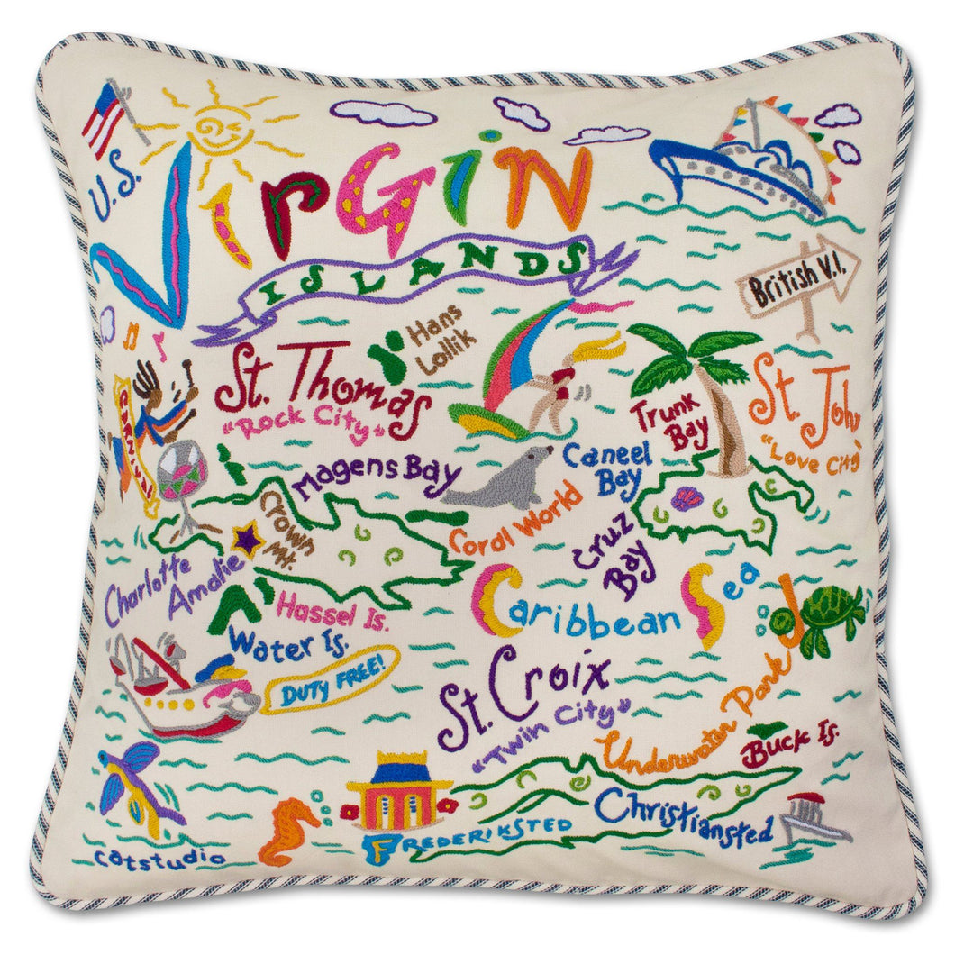 Virgin Islands Hand-Embroidered Pillow - catstudio